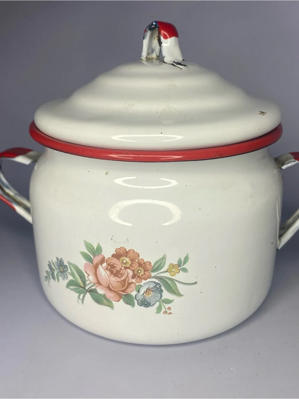 Vintage Cinsa Saltillo Mexico Enamelware White/Red Sugar Pot Floral Design